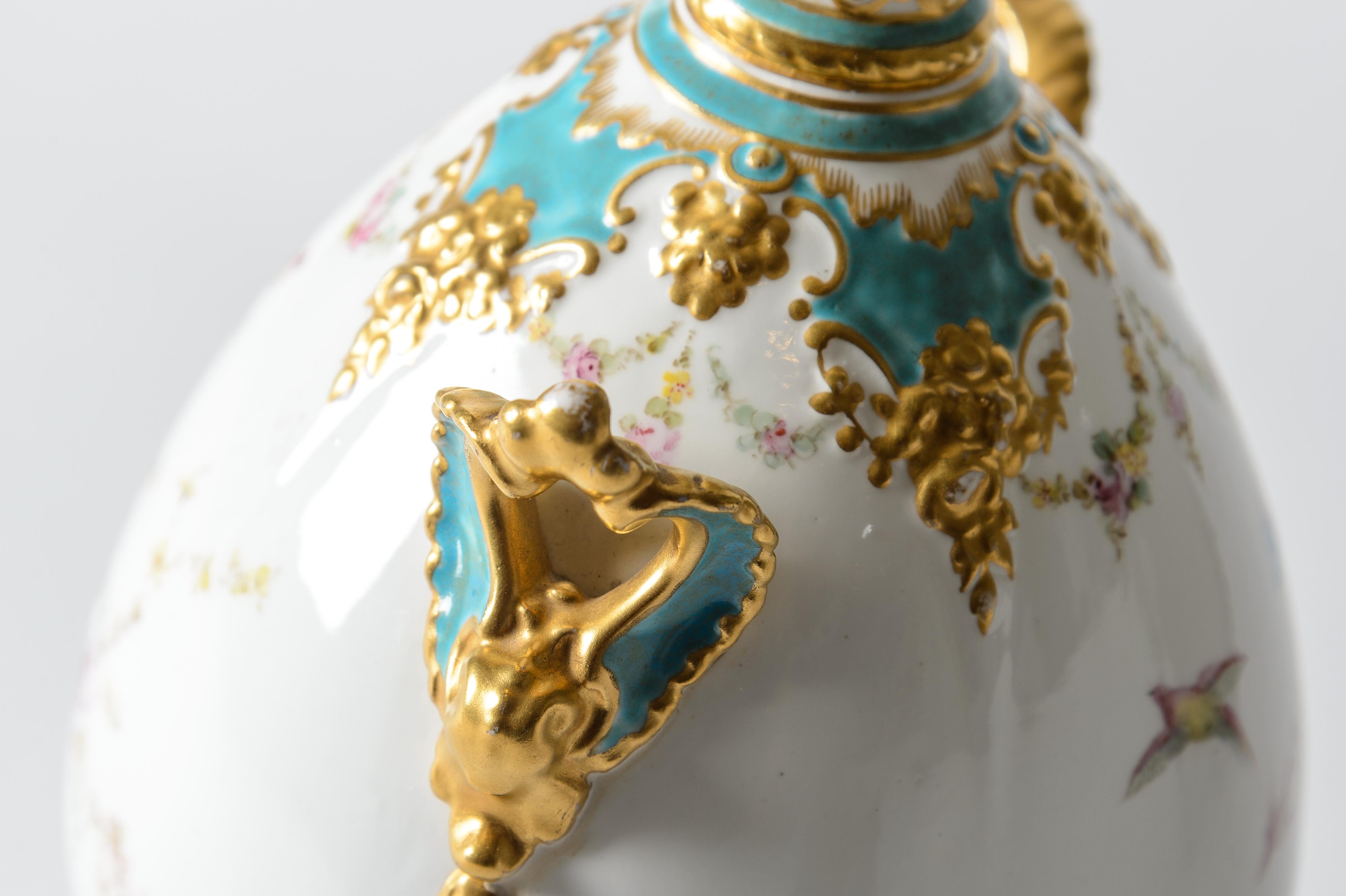 European Antique Vase by Royal Crown Derby circa 1900, Detailed Shape Turquoise & Gilt For Sale