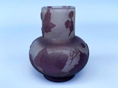 Antique Vase Emile Galle Floral Theme Leaf Ornament Imperial Purple Cameo Glass