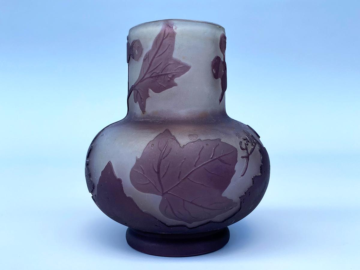 Art Nouveau Antique Vase Emile Galle Floral Theme Leaf Ornament Imperial Purple Cameo Glass For Sale