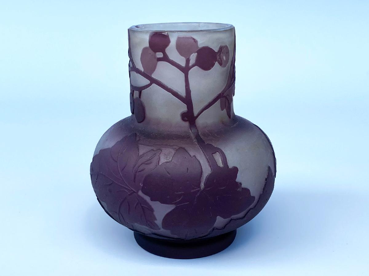 Antique Vase Emile Galle Floral Theme Leaf Ornament Imperial Purple Cameo Glass For Sale 1