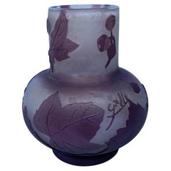 Antique Vase Emile Galle Floral Theme Leaf Ornament Imperial Purple Cameo Glass