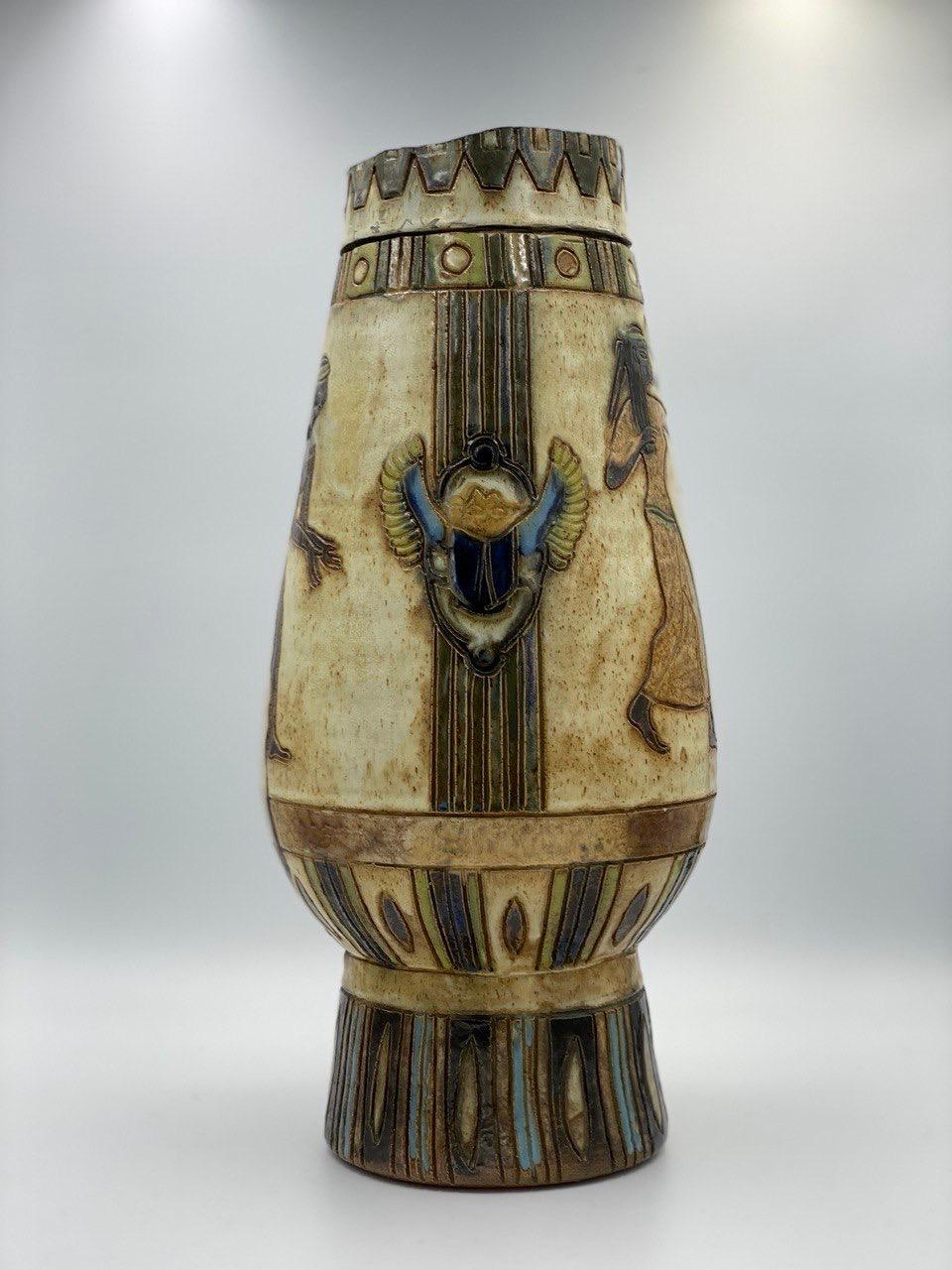 Egyptian Antique Vase From Roger Cuerin  Art-Deco Vase in Pottery, Belgium, 1920s For Sale