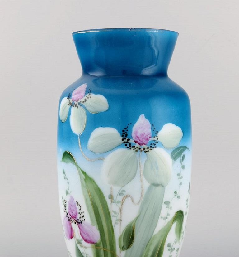 Art Nouveau Antique Vase in Mouth-Blown Opal Art Glass with Hand-Painted Flowers and Foliage For Sale