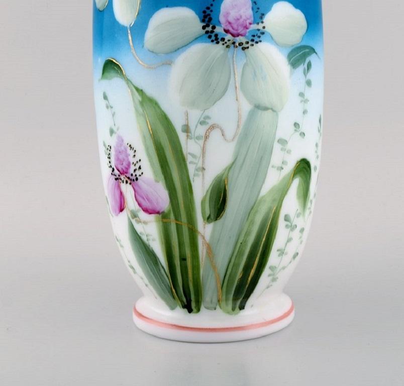 Unknown Antique Vase in Mouth-Blown Opal Art Glass with Hand-Painted Flowers and Foliage For Sale