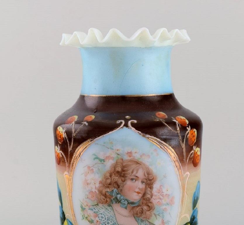 Art Nouveau Antique Vase in Mouth-Blown Opal Art Glass with Motif of Young Woman