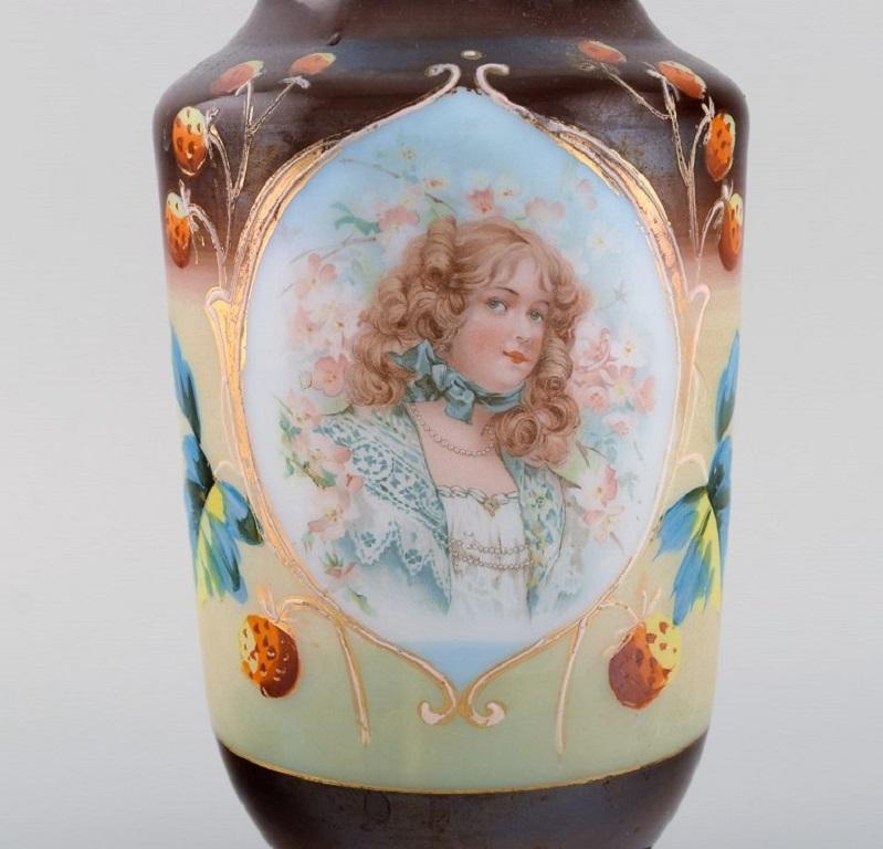 Unknown Antique Vase in Mouth-Blown Opal Art Glass with Motif of Young Woman