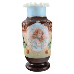 Antique Vase in Mouth-Blown Opal Art Glass with Motif of Young Woman