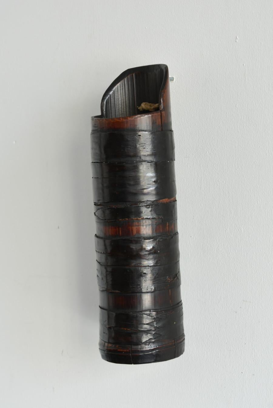 Hand-Crafted Antique Vase Made of Japanese Bamboo and Bark /Wall-Mounted Flower Vase For Sale