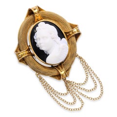 Antique Vatican Workshop 15k Yellow Gold Onyx Hard Stone Cupid Cameo Brooch