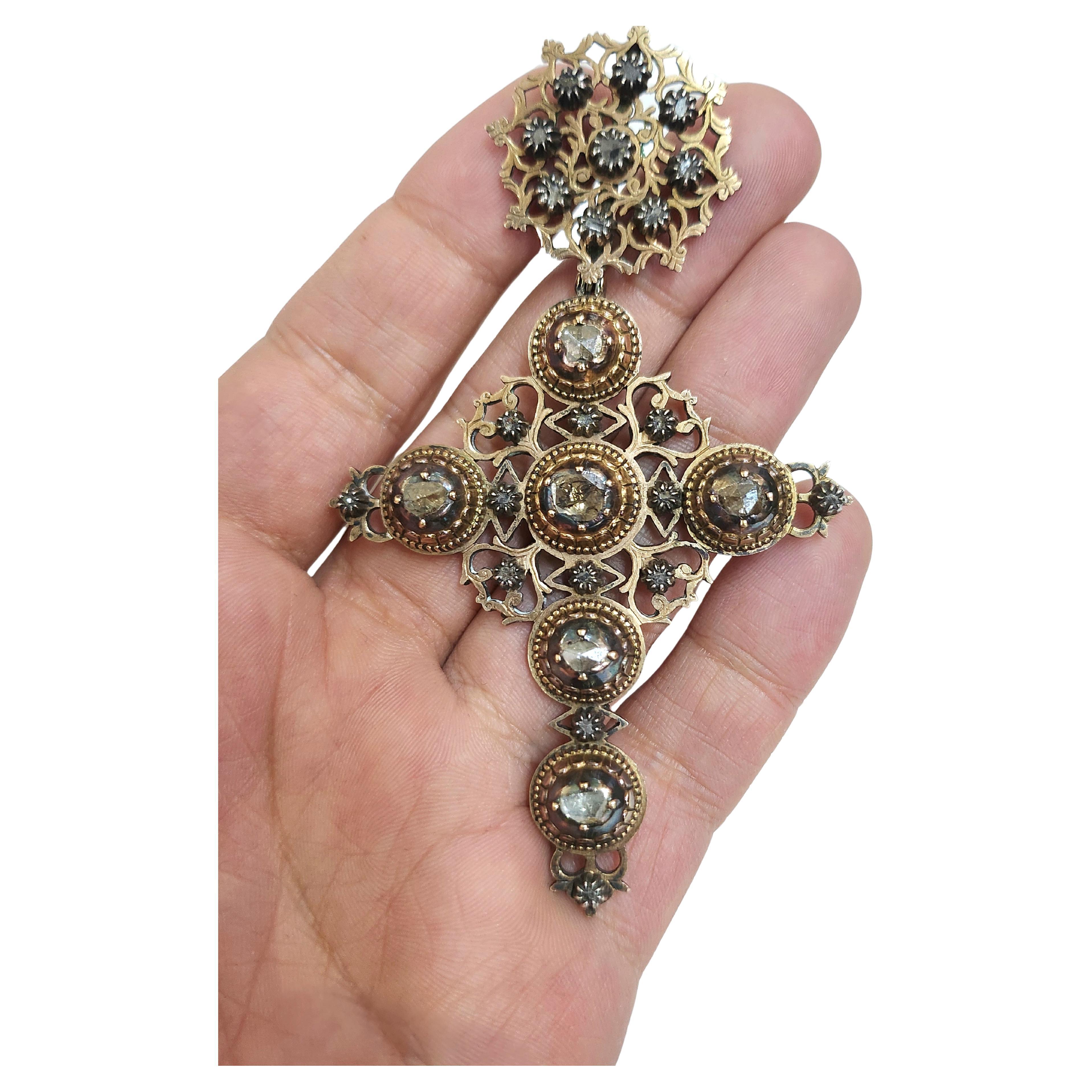 Antique Vectorian Rose Cut Diamond Large Cross Pendant For Sale at 1stDibs