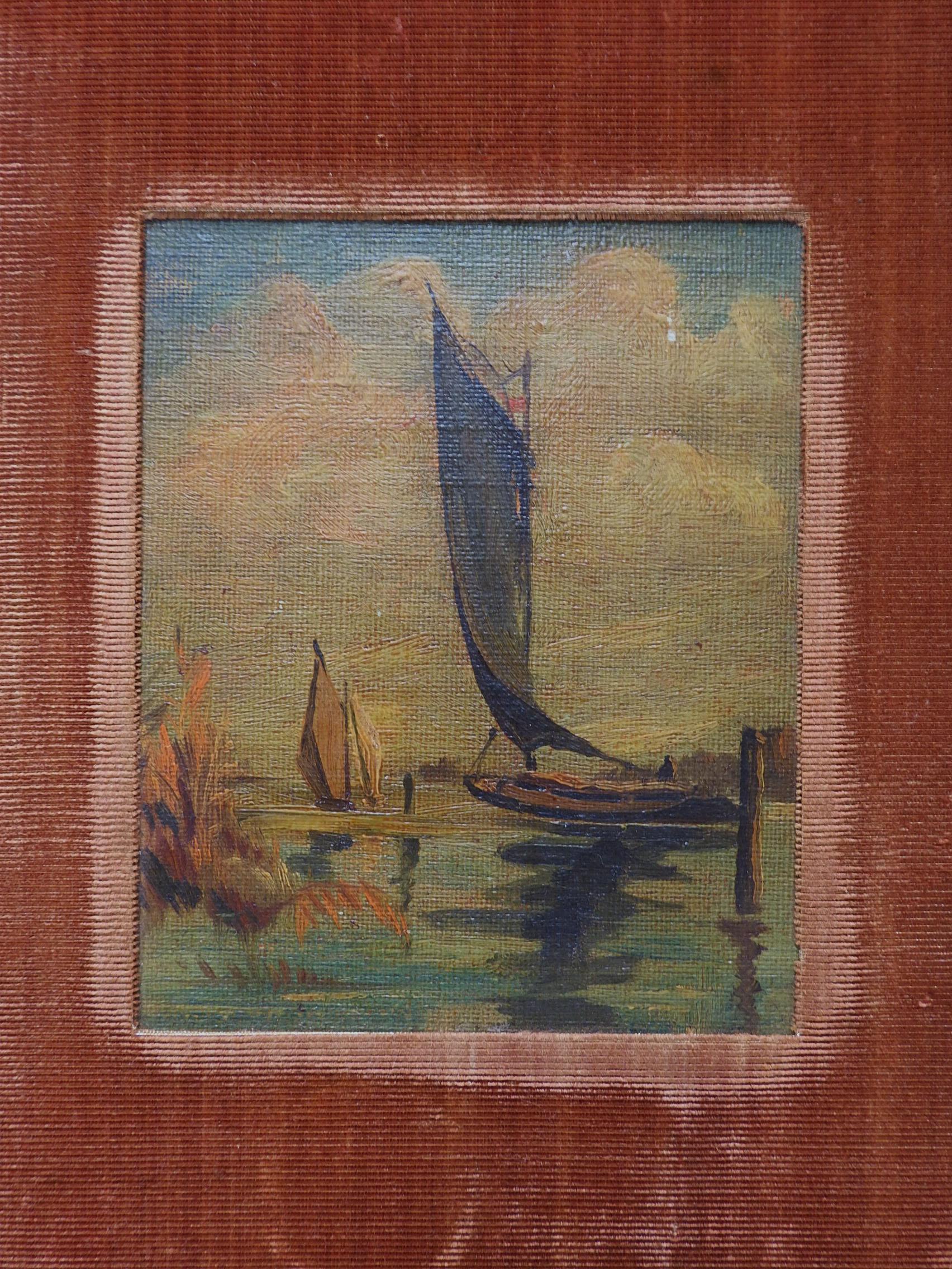 Arts and Crafts Antique Velvet Album With Sailboat Painting Cover