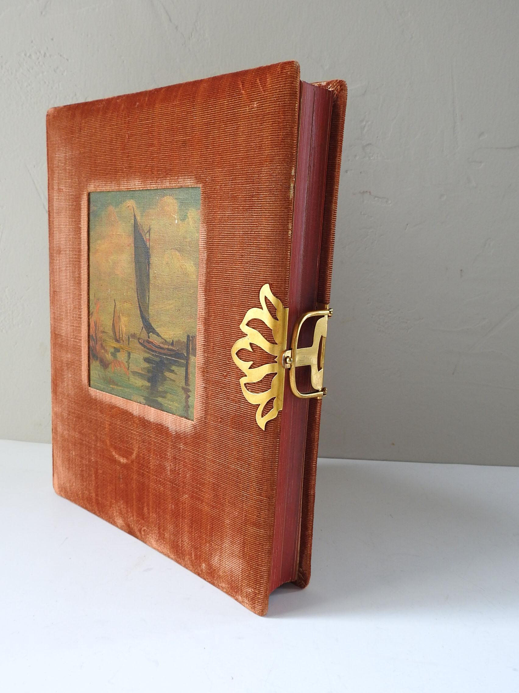 Japanese Antique Velvet Album With Sailboat Painting Cover