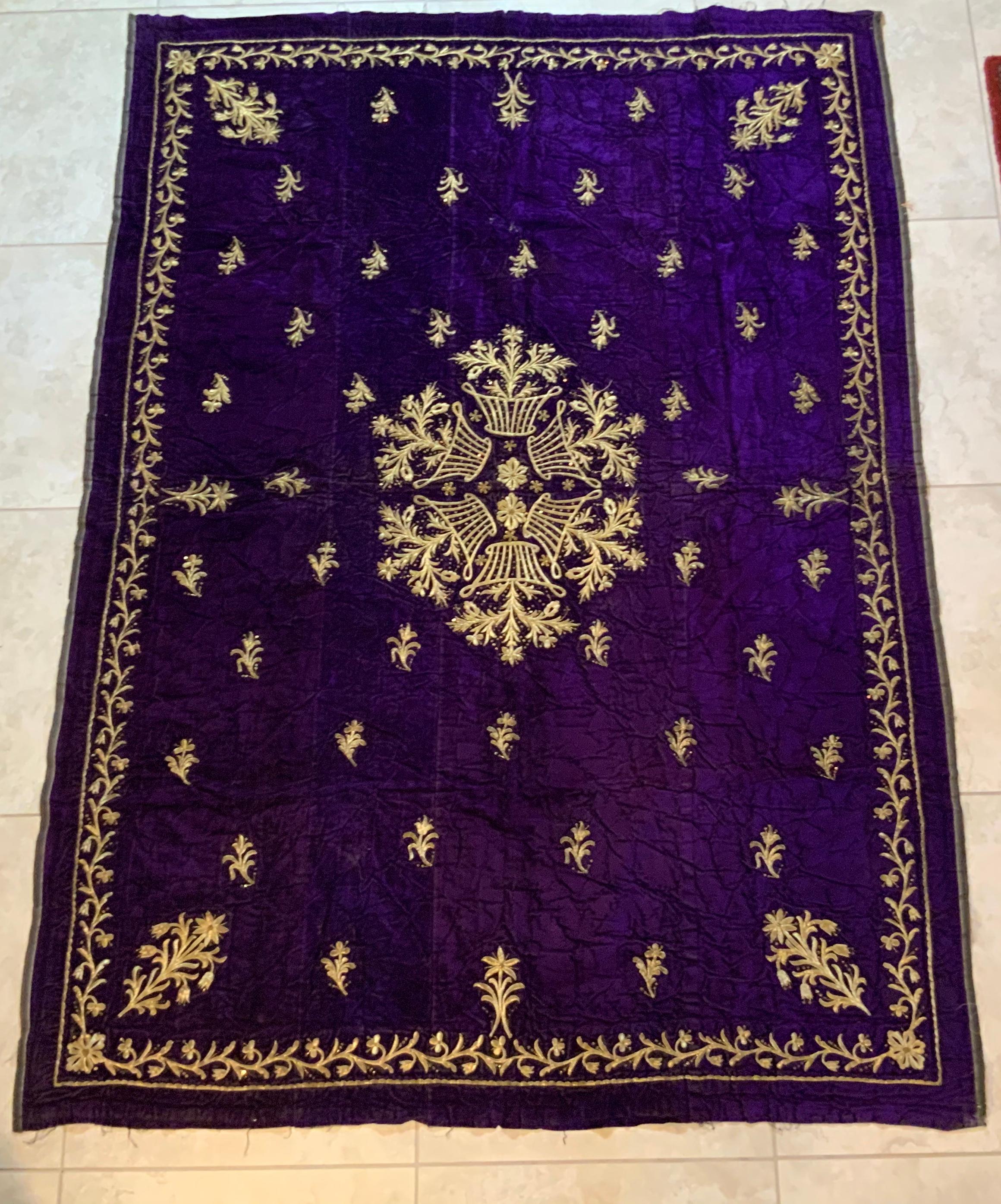 Embroidered Antique Velvet and Gold Embroidery Textile For Sale