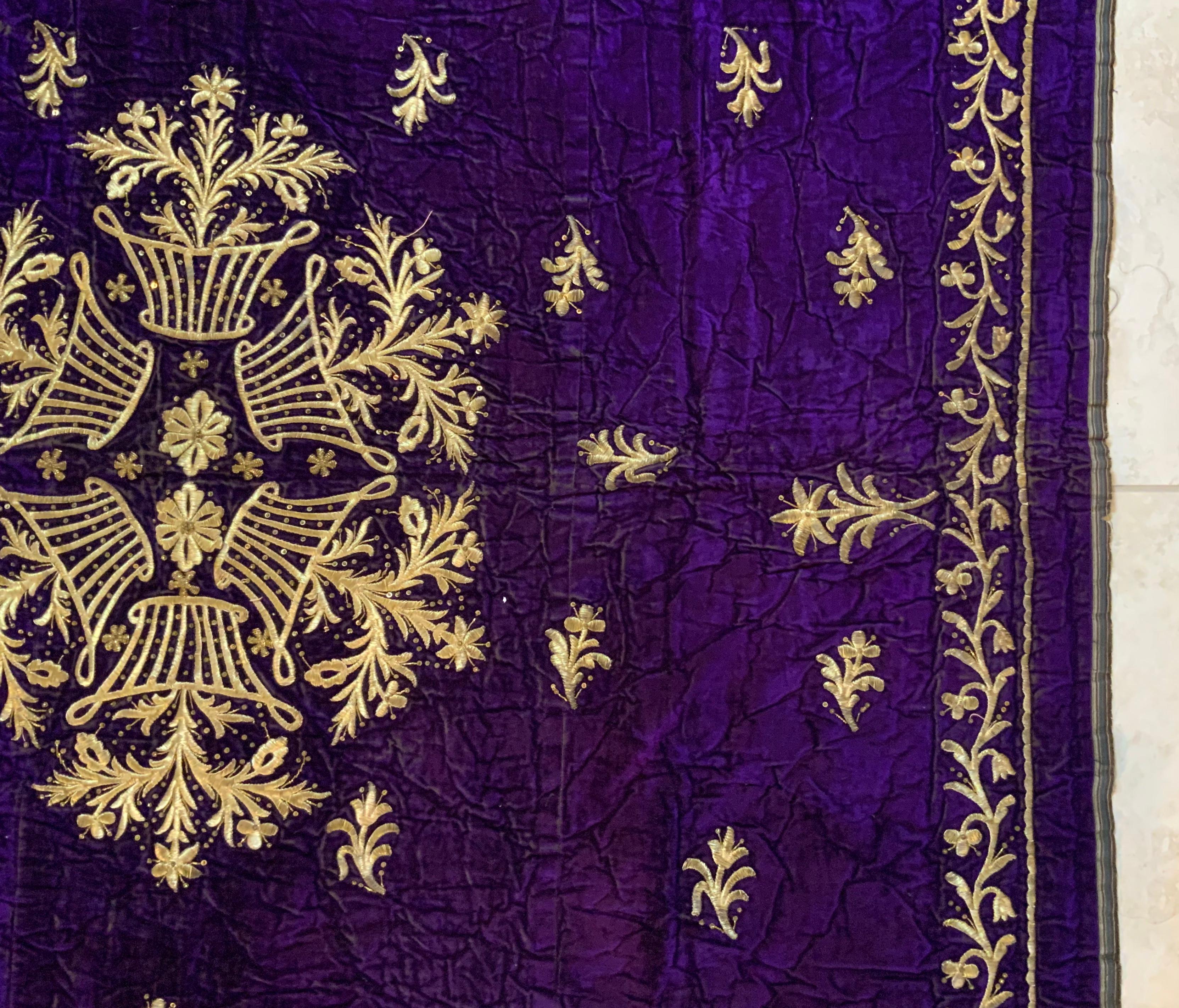 19th Century Antique Velvet and Gold Embroidery Textile For Sale