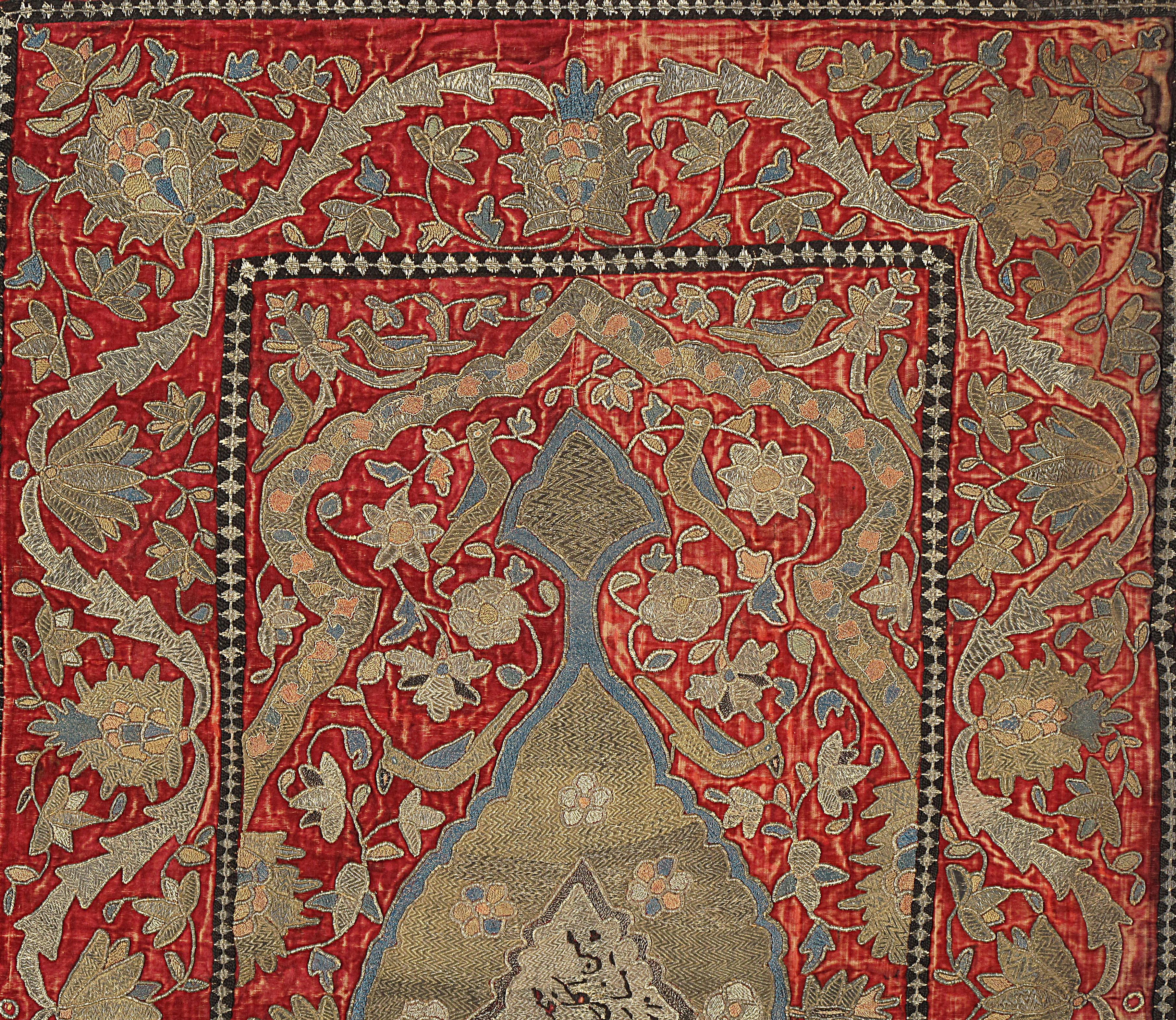 Antique velvet and metal applique, circa 1840. A wonderful Persian velvet and metal applique panel. Much sought after. Size: 2'8 x 4'6.