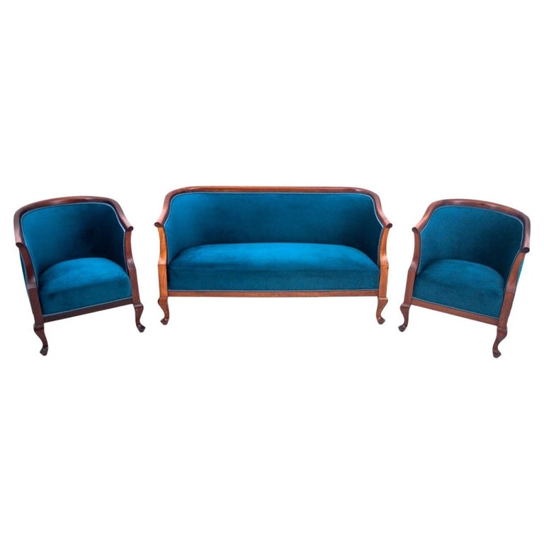 Antique Velvet Blue Living Room Set, Sofa with 2 Armchairs, Scandinavia