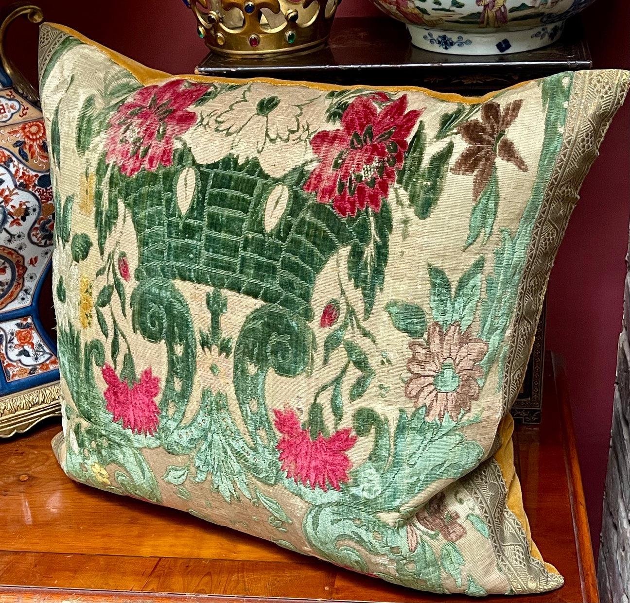 Antique Velvet Pillow

 Hand made incorporating early textiles

Early 18th Century Italian Genoa Silk and Metallic Velvet Front.

Jardiniere Design 

 Antique gold metallic trims to 2 sides.

Antique Dark Gold Mohair velvet backs.

Antique gently