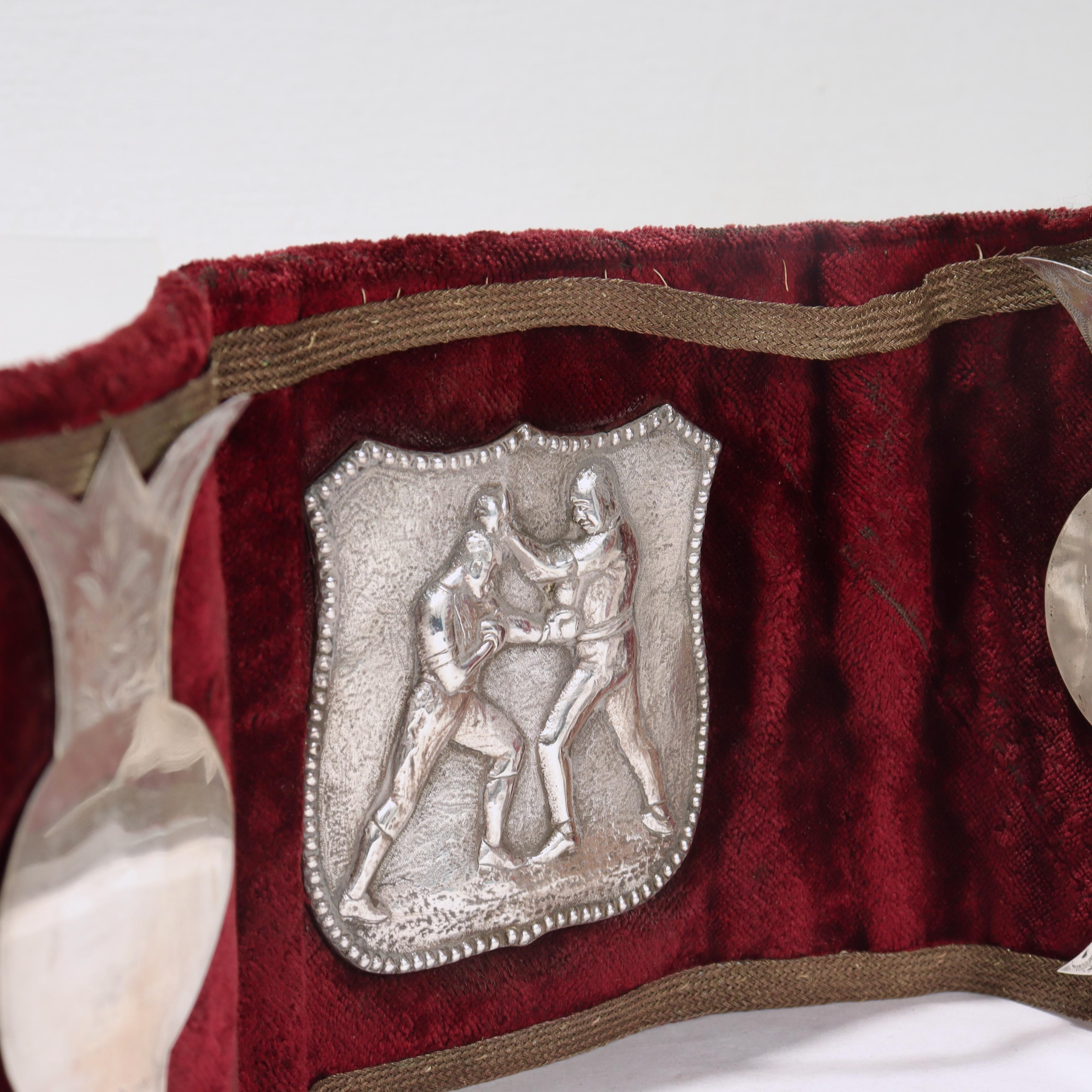 Antique Velvet Pugilist Boxing Champion's Belt with Figural Silver Plaques 9