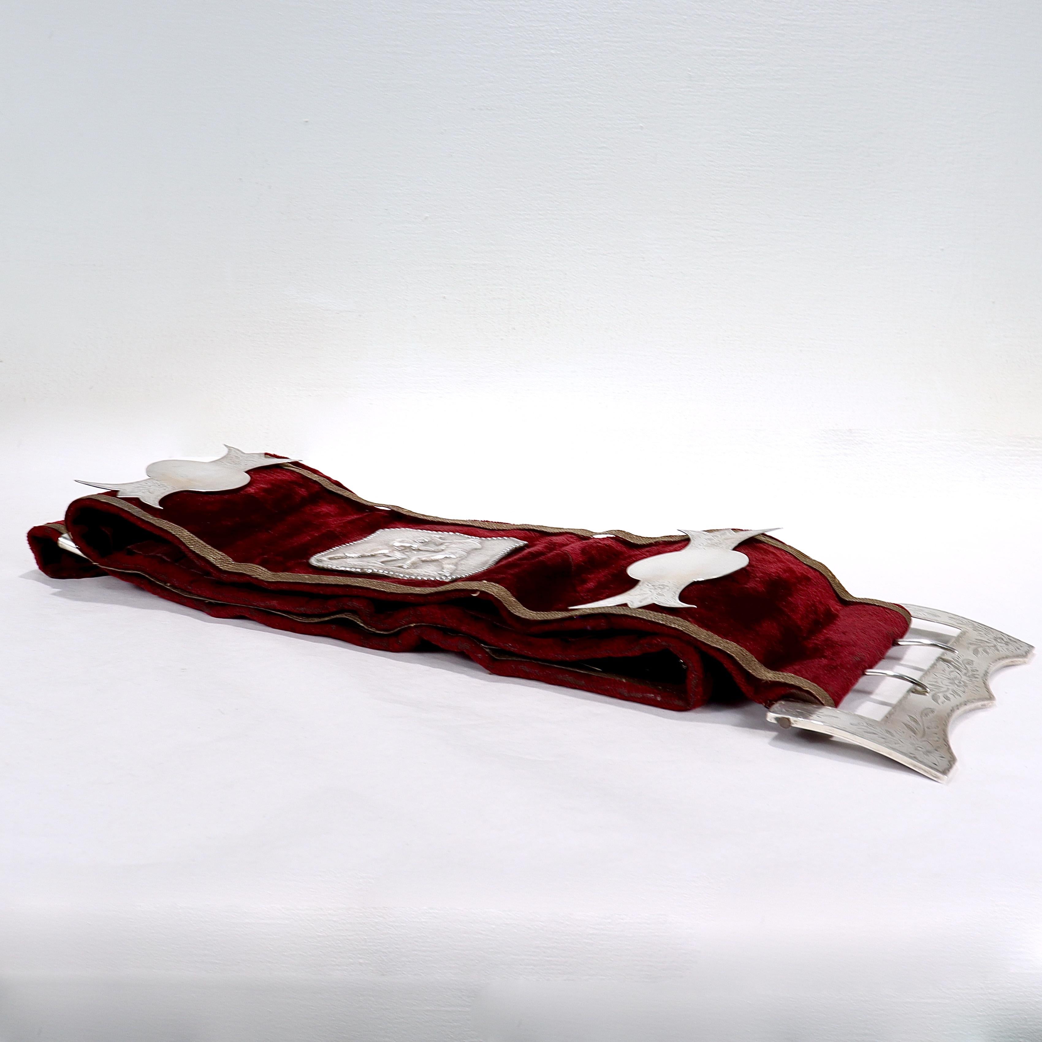 Edwardian Antique Velvet Pugilist Boxing Champion's Belt with Figural Silver Plaques