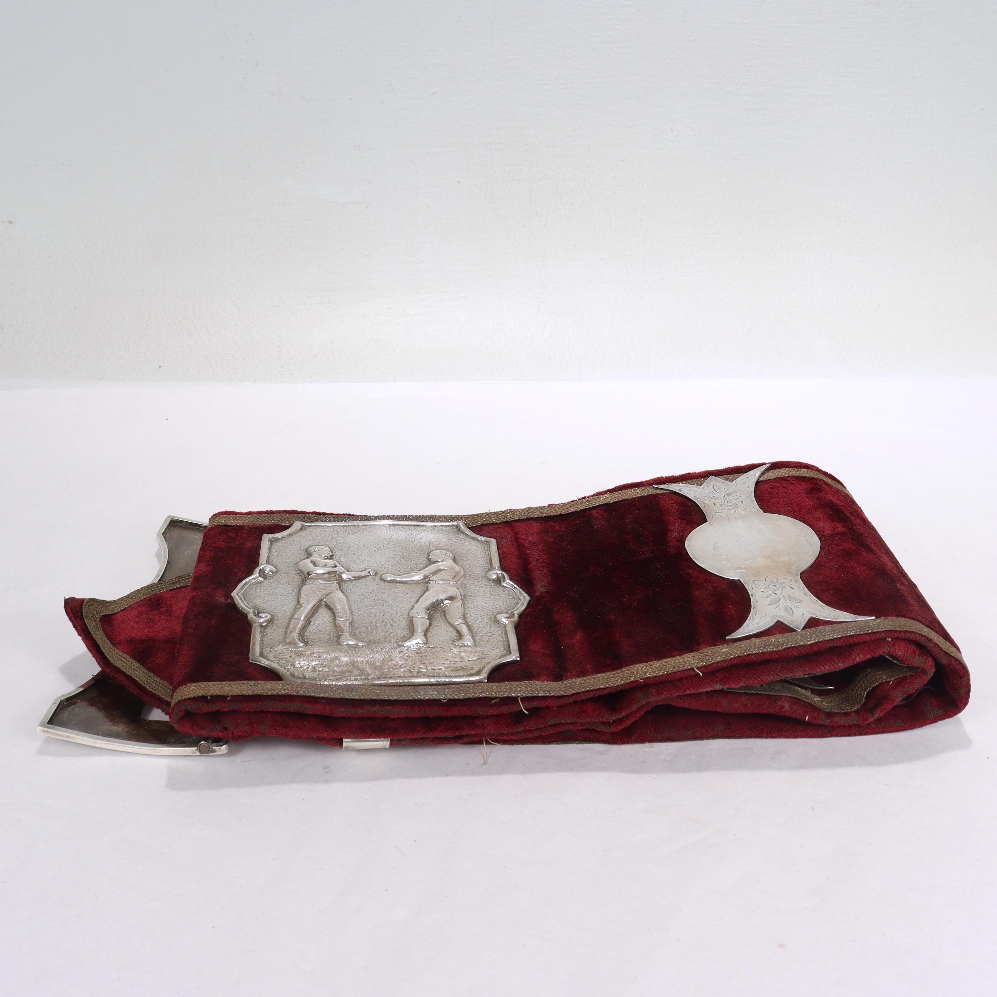 Antique Velvet Pugilist Boxing Champion's Belt with Figural Silver Plaques In Good Condition In Philadelphia, PA
