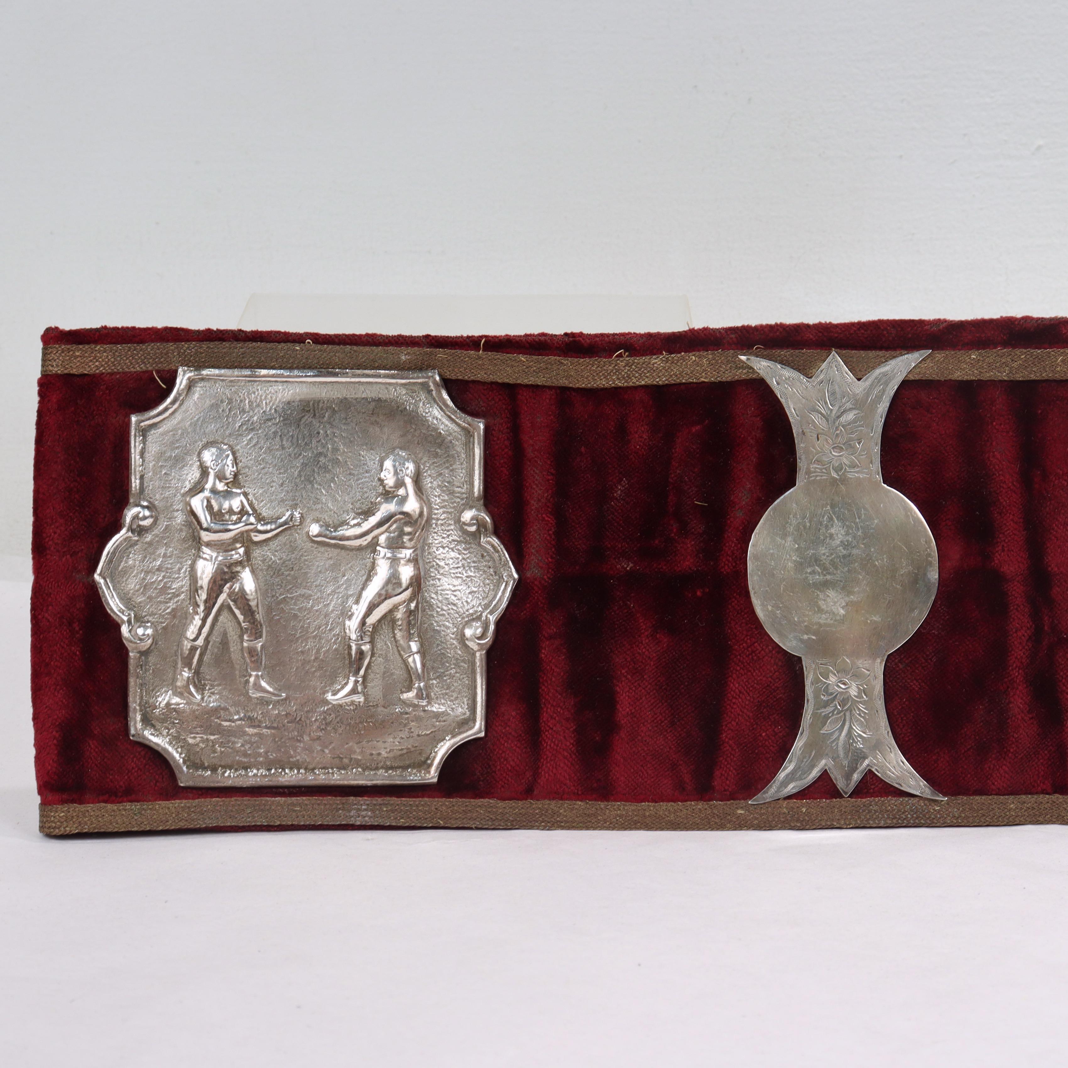 Antique Velvet Pugilist Boxing Champion's Belt with Figural Silver Plaques 1