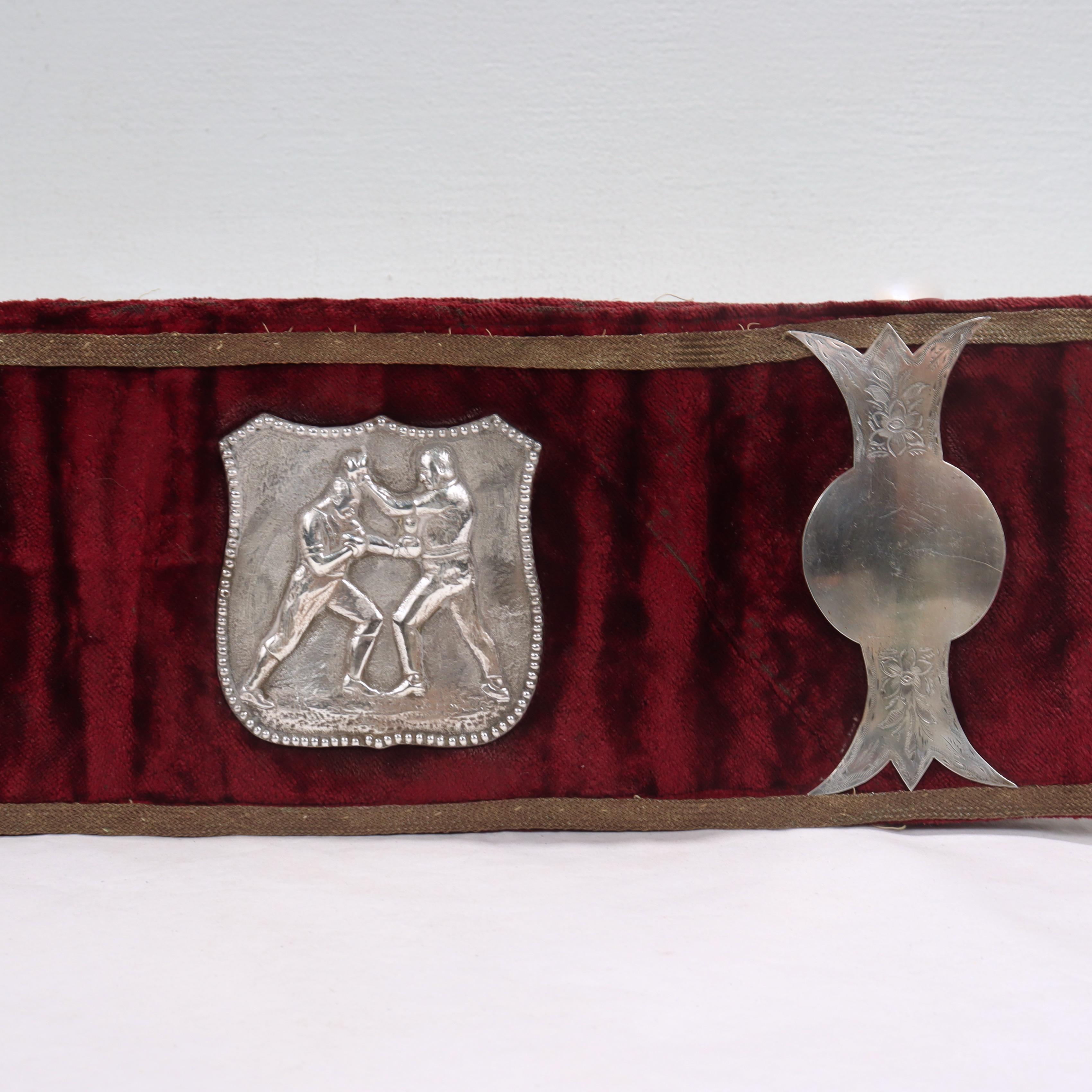 Antique Velvet Pugilist Boxing Champion's Belt with Figural Silver Plaques 2