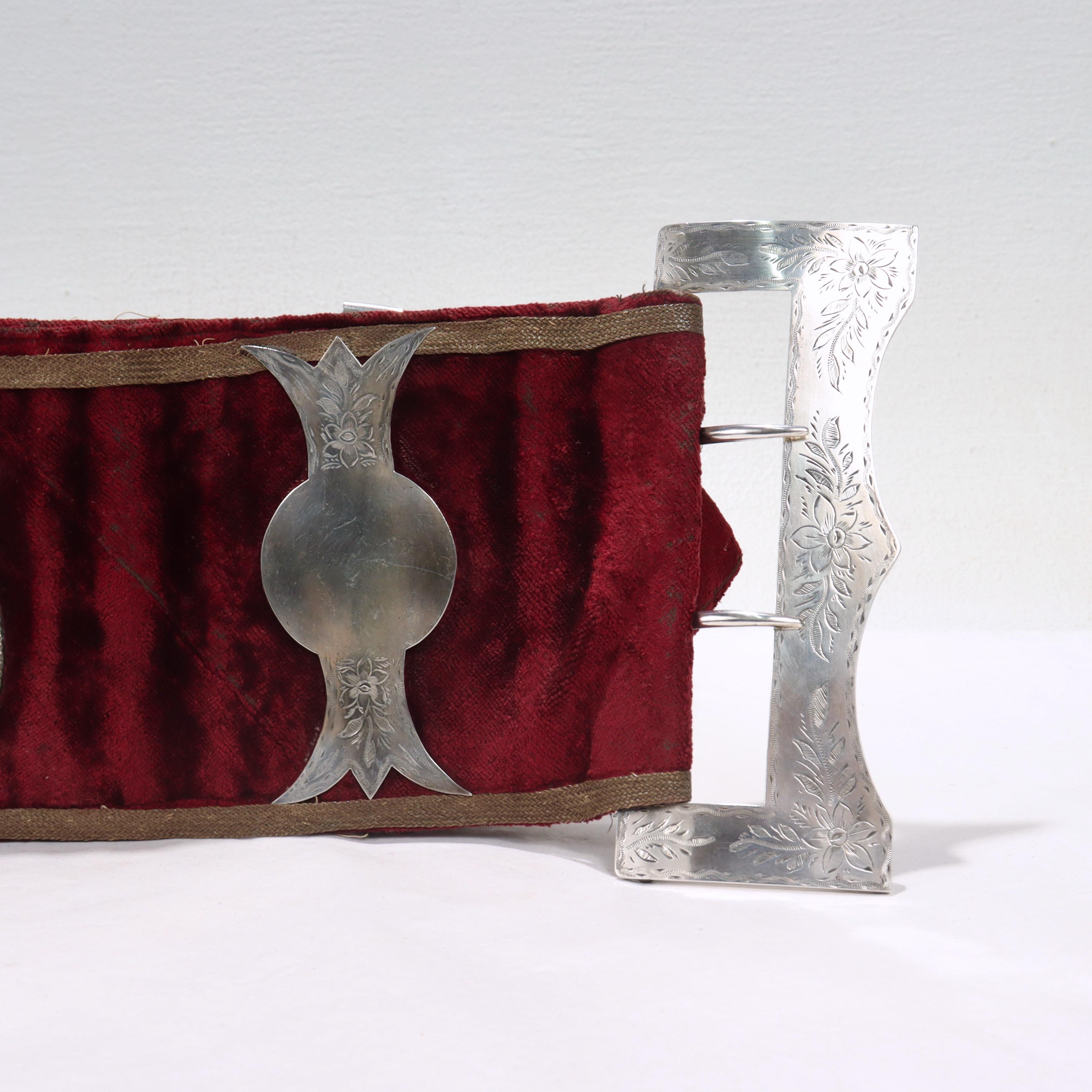 Antique Velvet Pugilist Boxing Champion's Belt with Figural Silver Plaques 3