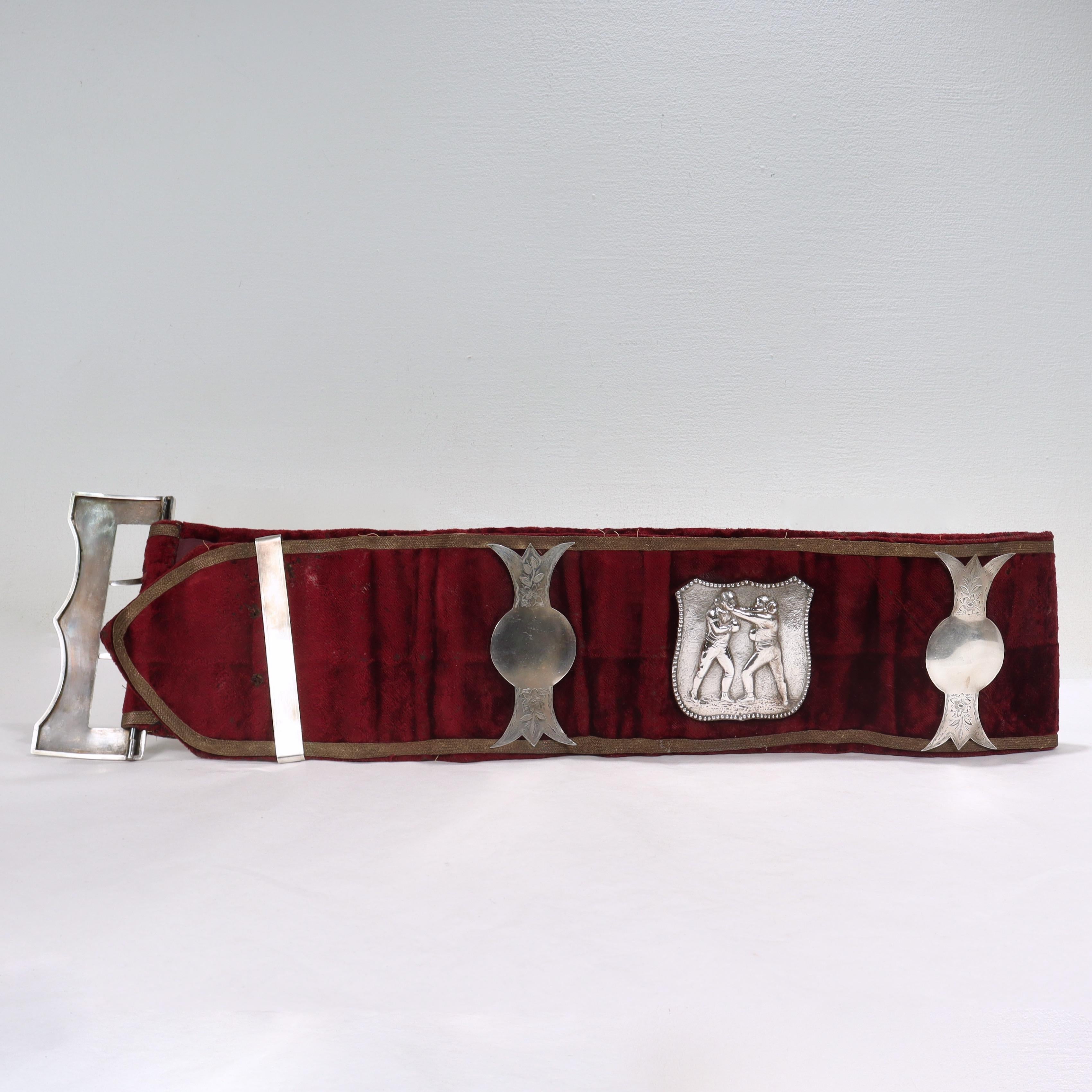 Antique Velvet Pugilist Boxing Champion's Belt with Figural Silver Plaques 4