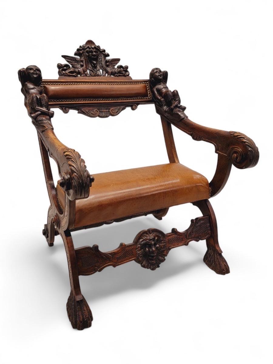 18th Century and Earlier Antique Venetian Baroque Style Hand-Carved Walnut Armchair w/ Leather Upholstery For Sale