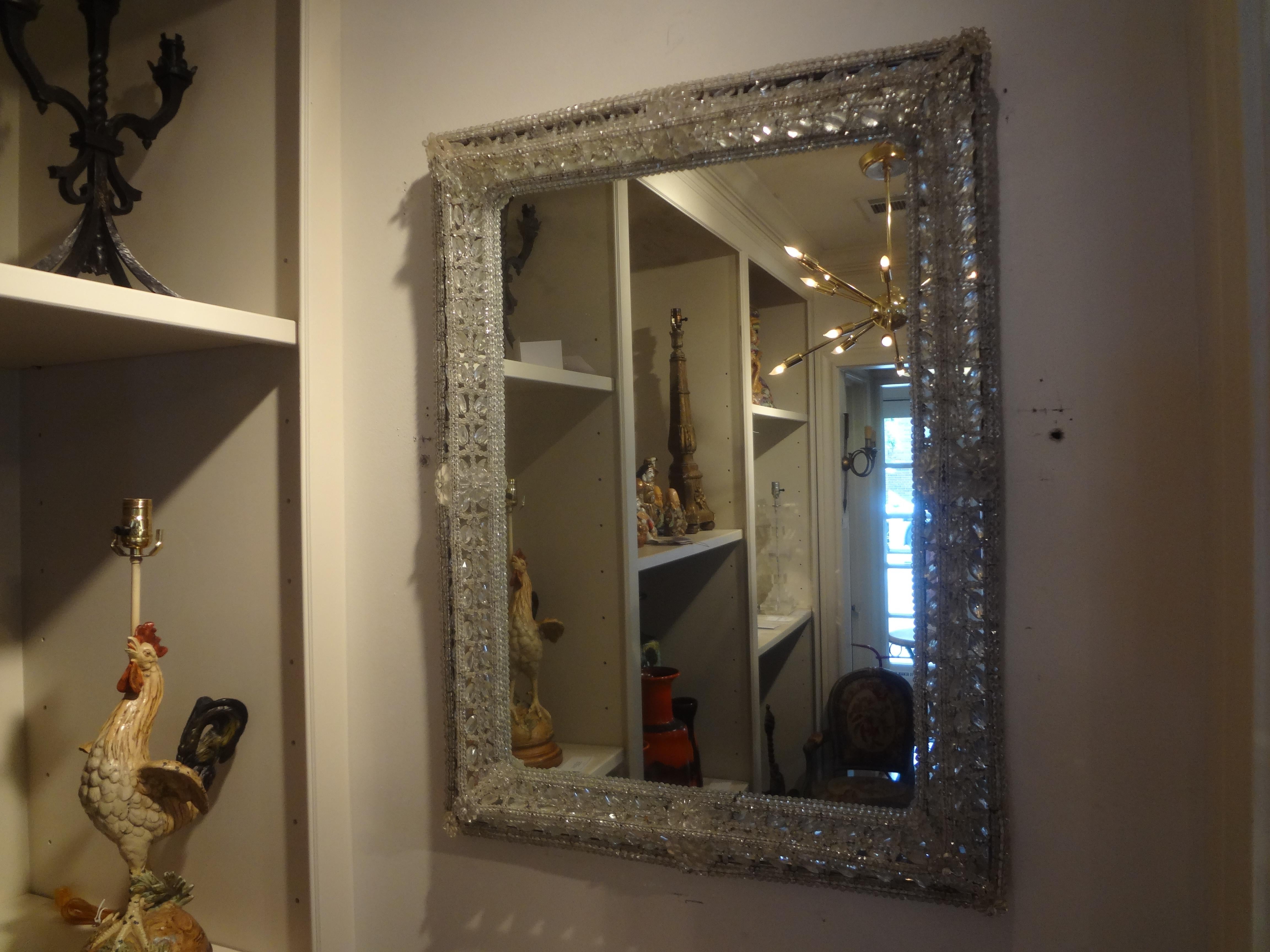 Antique Venetian beaded crystal mirror. This stunning Venetian mirror with raised beaded crystals can be displayed either vertically or horizontally. Most unique and stunning!