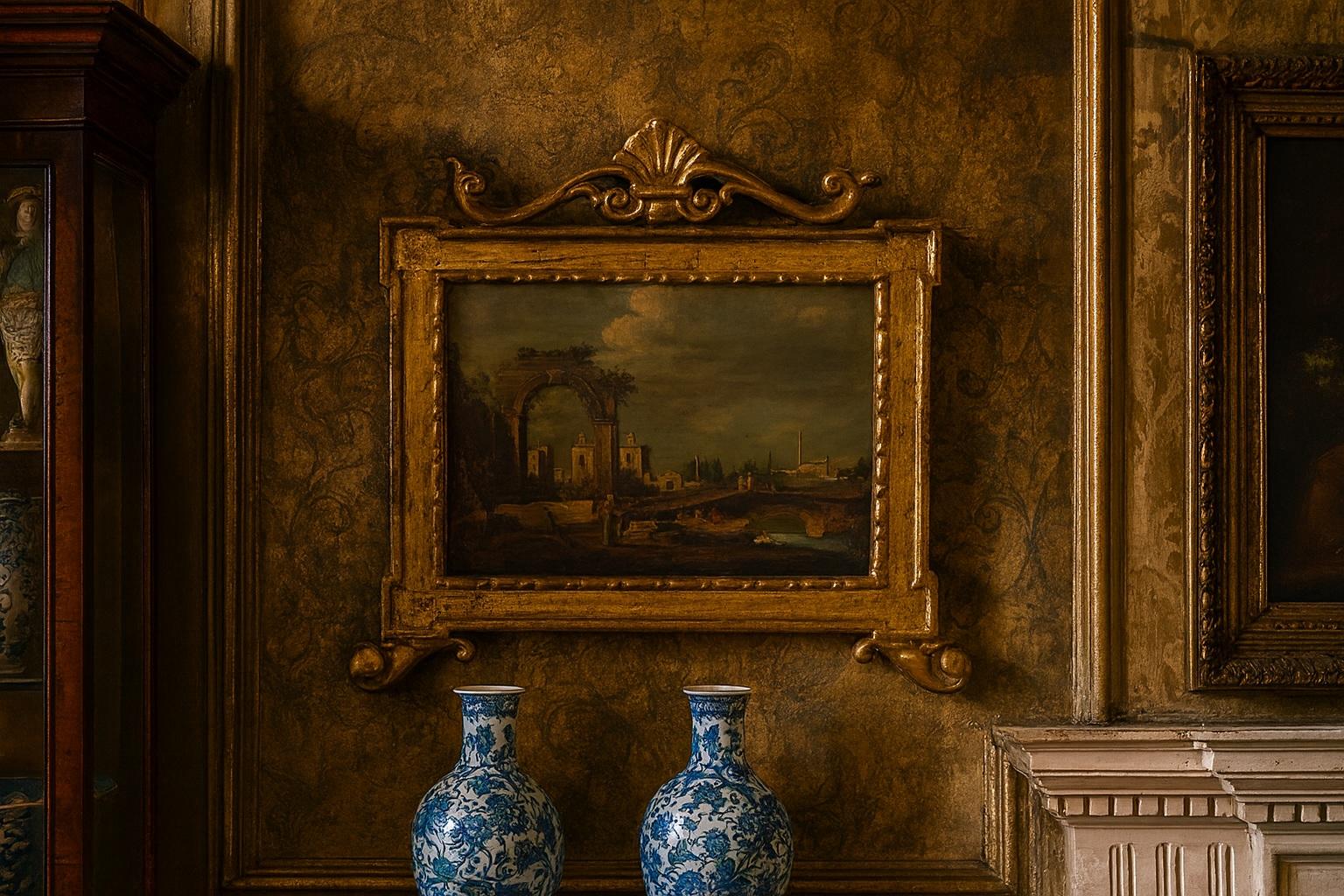 Francesco Guardi Venedig Ölgemälde - Venezianische Kunst in der Manier von Guardi
Exquisites venezianisches Ölgemälde aus dem 19. Jahrhundert

Erleben Sie die zeitlose Eleganz der venezianischen Kunst mit diesem bemerkenswerten Ölgemälde von