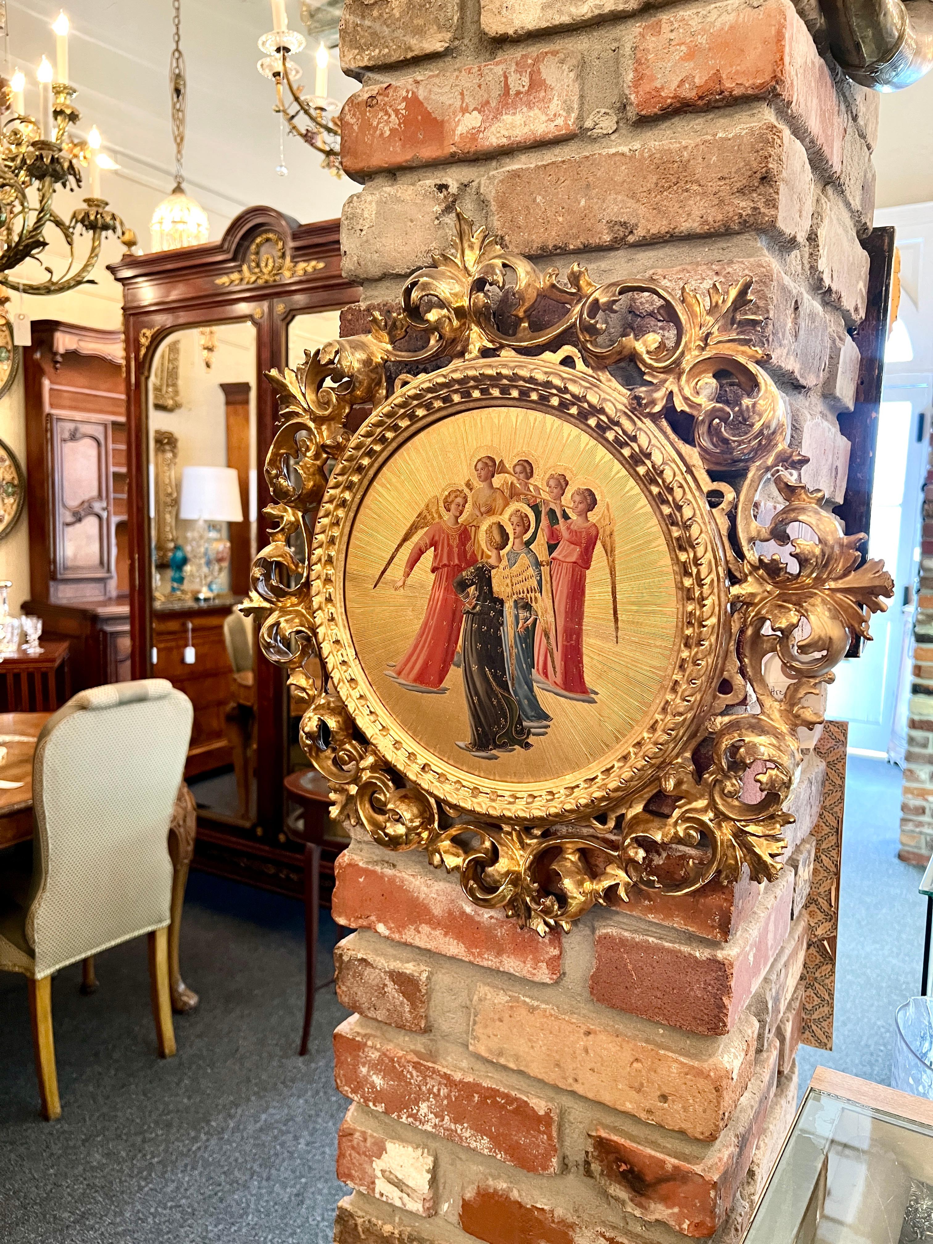 Antique Venetian Carved Fretwork Framed Gilt Wood Icons Painting, Host of Angels For Sale 1