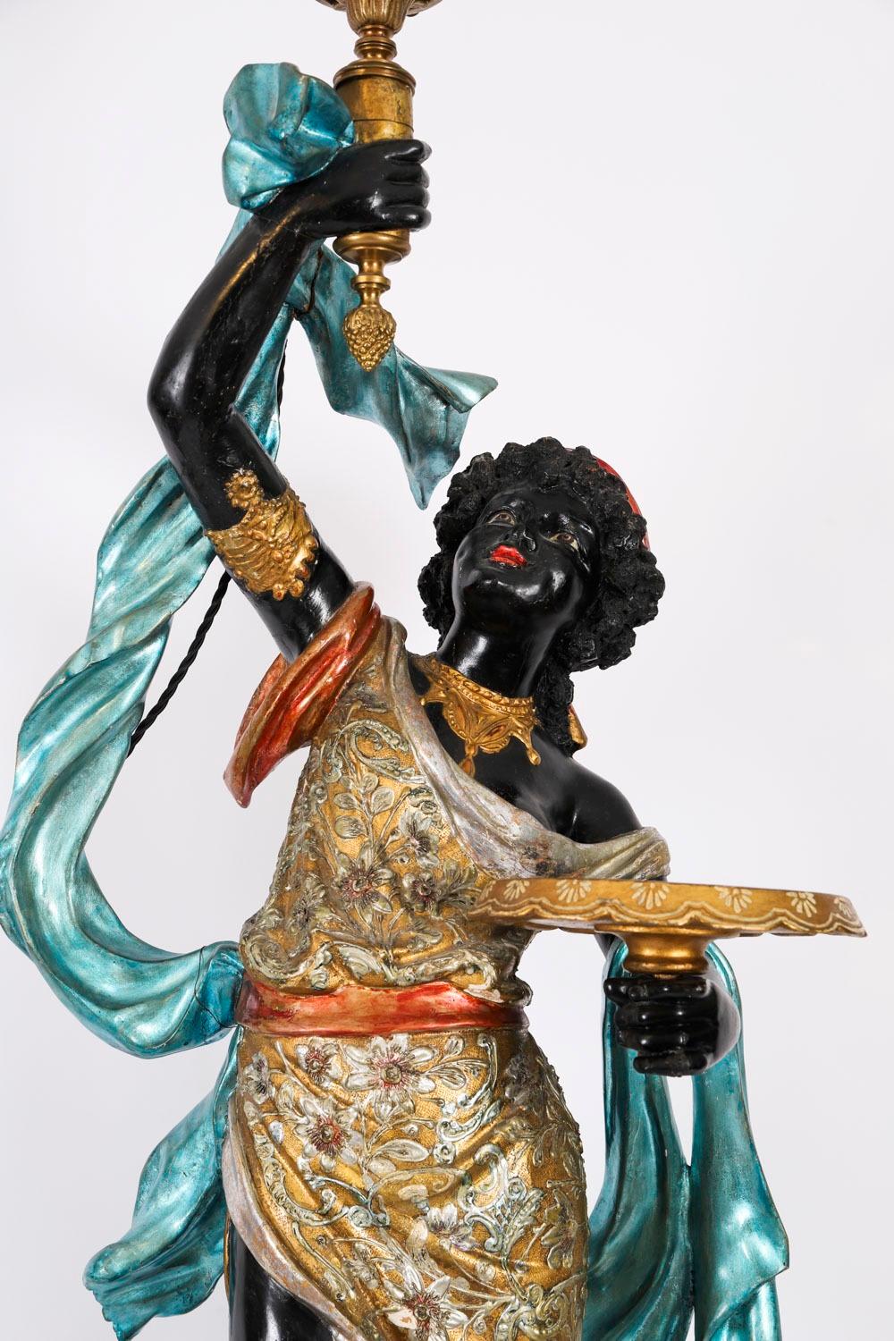 Antigua Antorcha Figural Veneciana de Madera Tallada Siglo XIX Mármol en venta