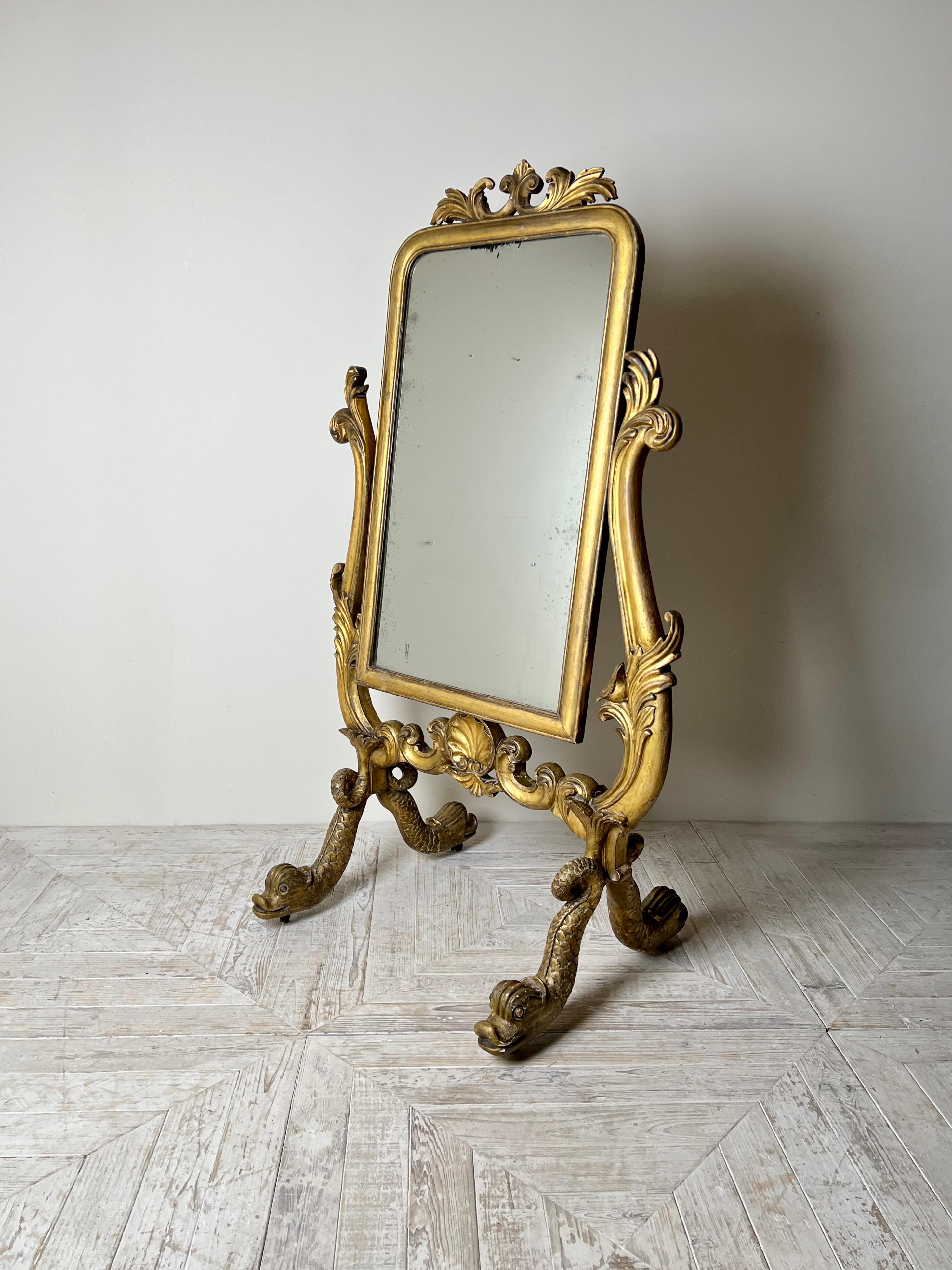 Antique Cheval Mirror vénitien avec cadre en bois doré sculpté en vente 2
