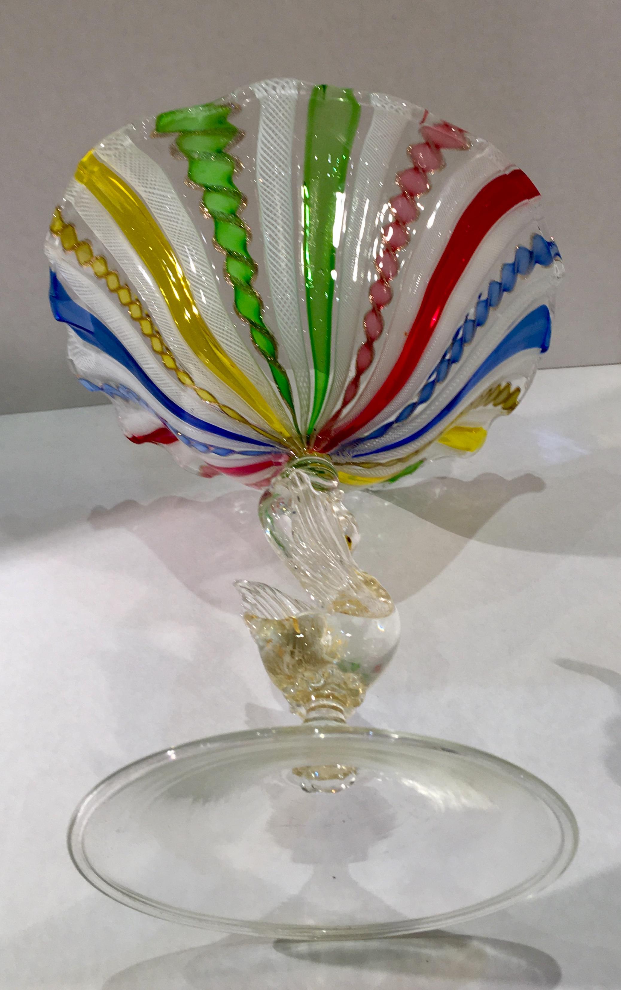 Antique Venetian Colorful Latticino Murano Art Glass Compote Dish with Swan Stem 2