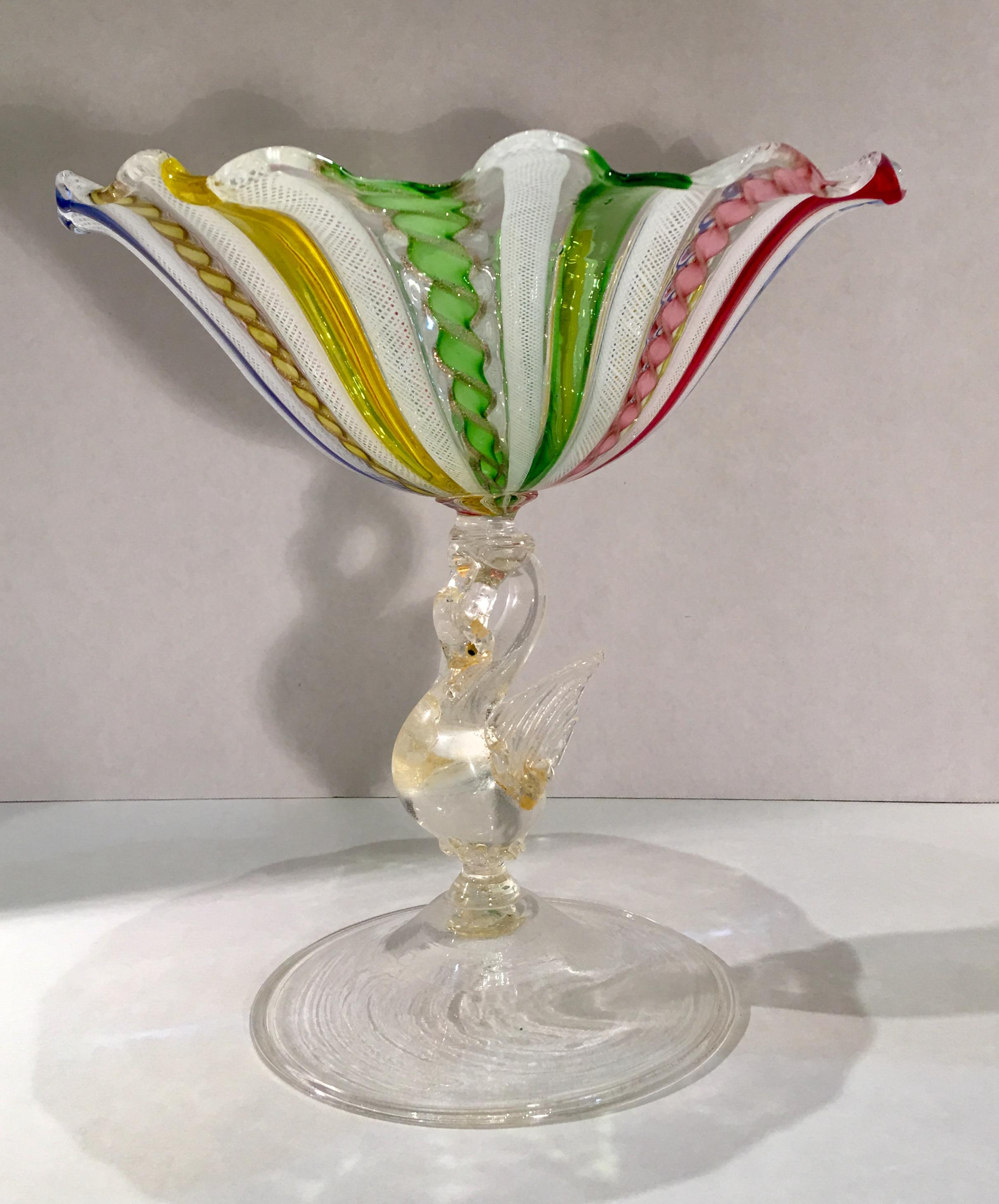 Italian Antique Venetian Colorful Latticino Murano Art Glass Compote Dish with Swan Stem
