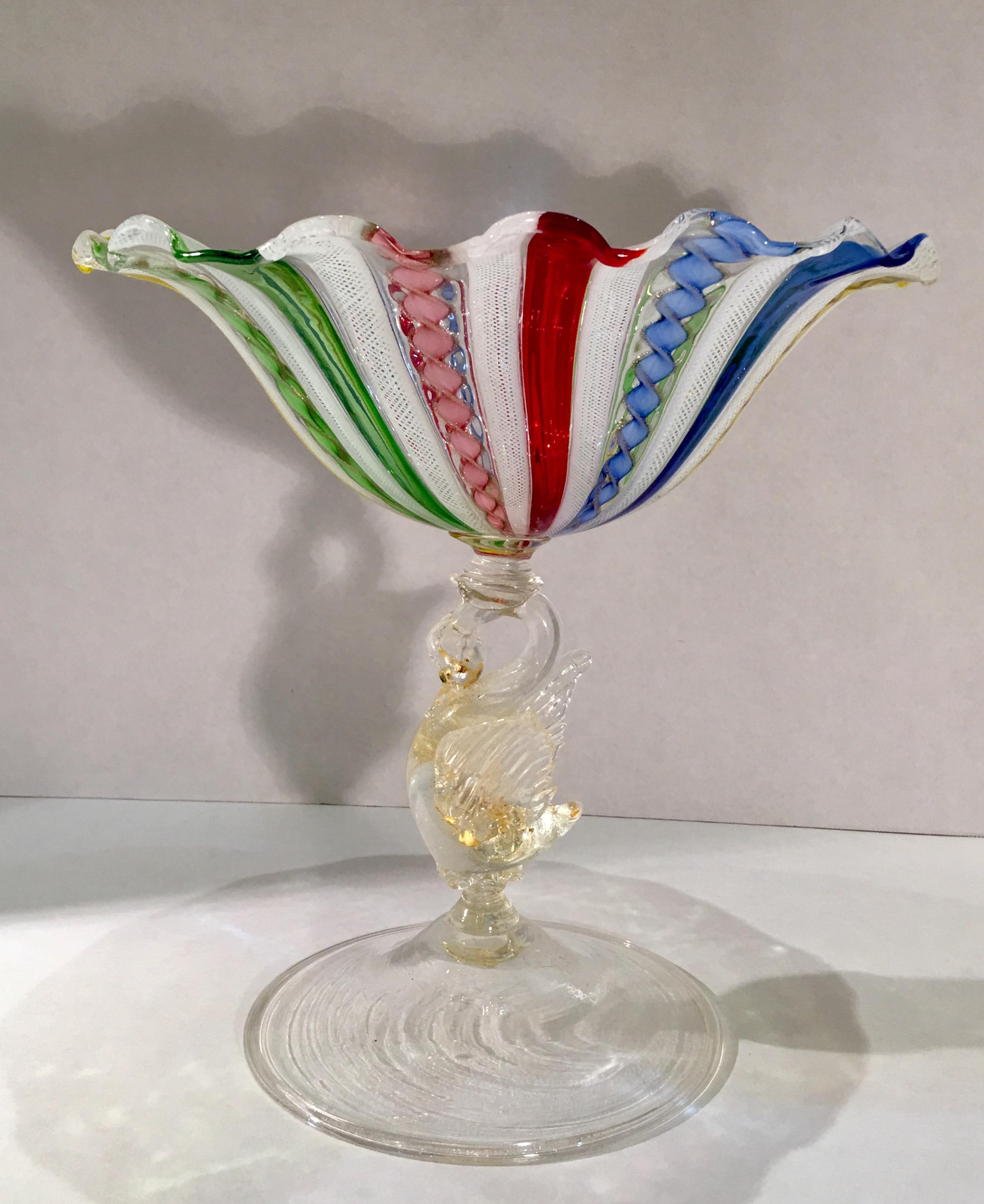 Hand-Crafted Antique Venetian Colorful Latticino Murano Art Glass Compote Dish with Swan Stem