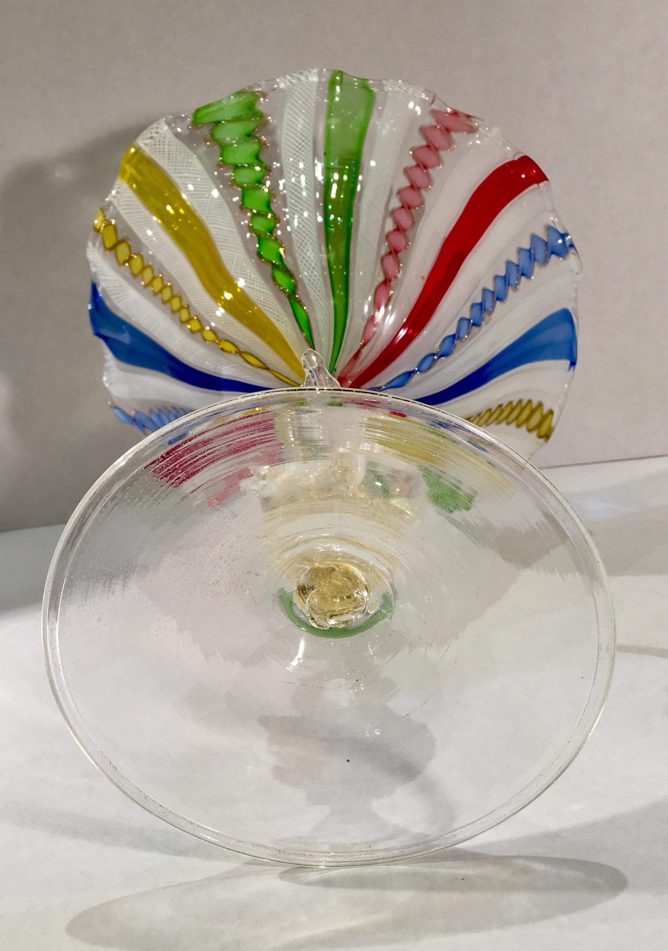 Antique Venetian Colorful Latticino Murano Art Glass Compote Dish with Swan Stem 1
