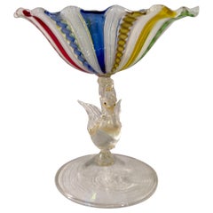 Antique Venetian Colorful Latticino Murano Art Glass Compote Dish with Swan Stem