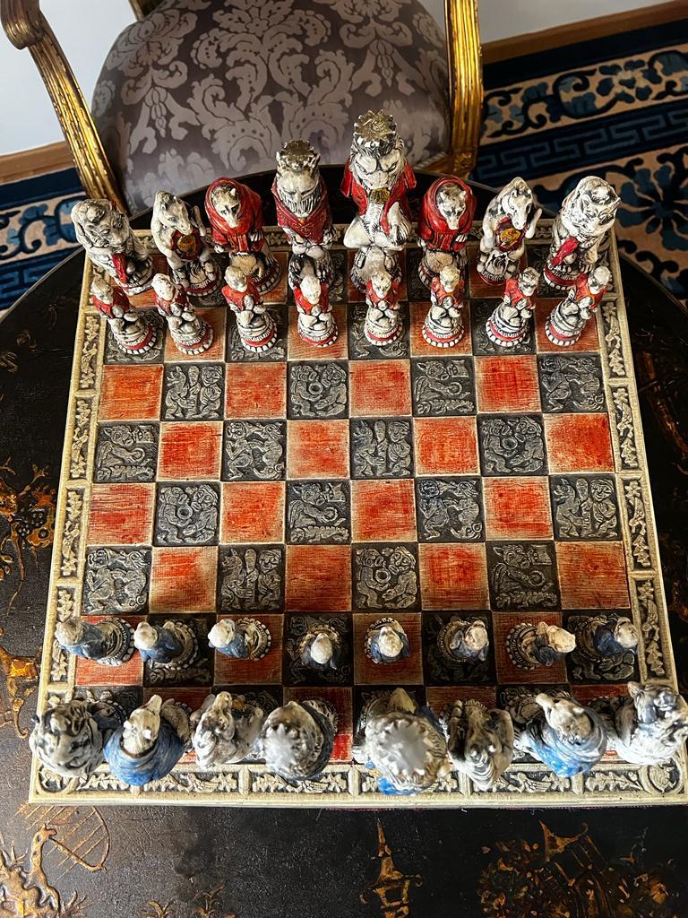 This incredibly animated and amusing Reynard the Fox design Antique Venetian Ceramic Chess Set is a fabulous conversation piece and a kiss of last century. 
This is a large Set with the tallest figure (The King) -14 cm, standart figure - 11 cm and