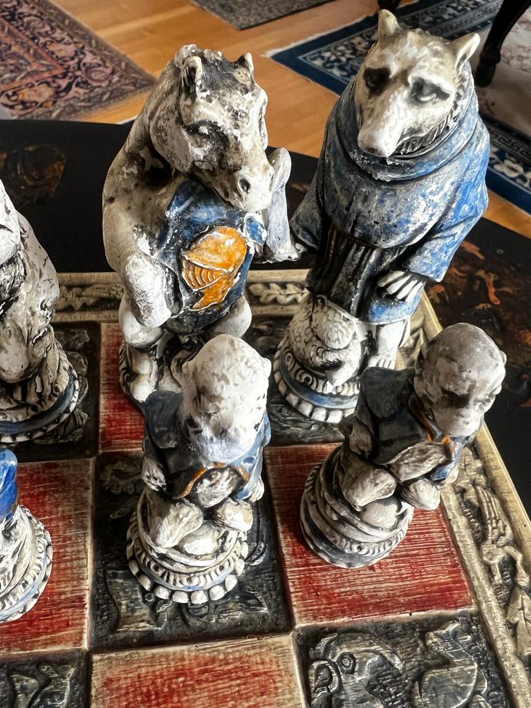 Hand-Carved Antique Venetian Early 20th Century Ceramic Reynard the Fox Chess Set For Sale