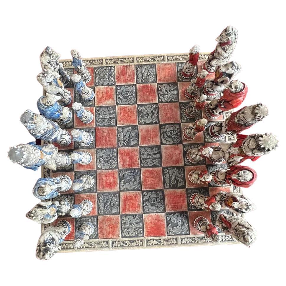 Antique Venetian Early 20th Century Ceramic Reynard the Fox Chess Set For Sale