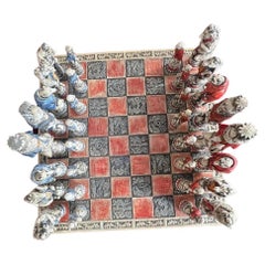 Antique Venetian Early 20th Century Ceramic Reynard the Fox Chess Set