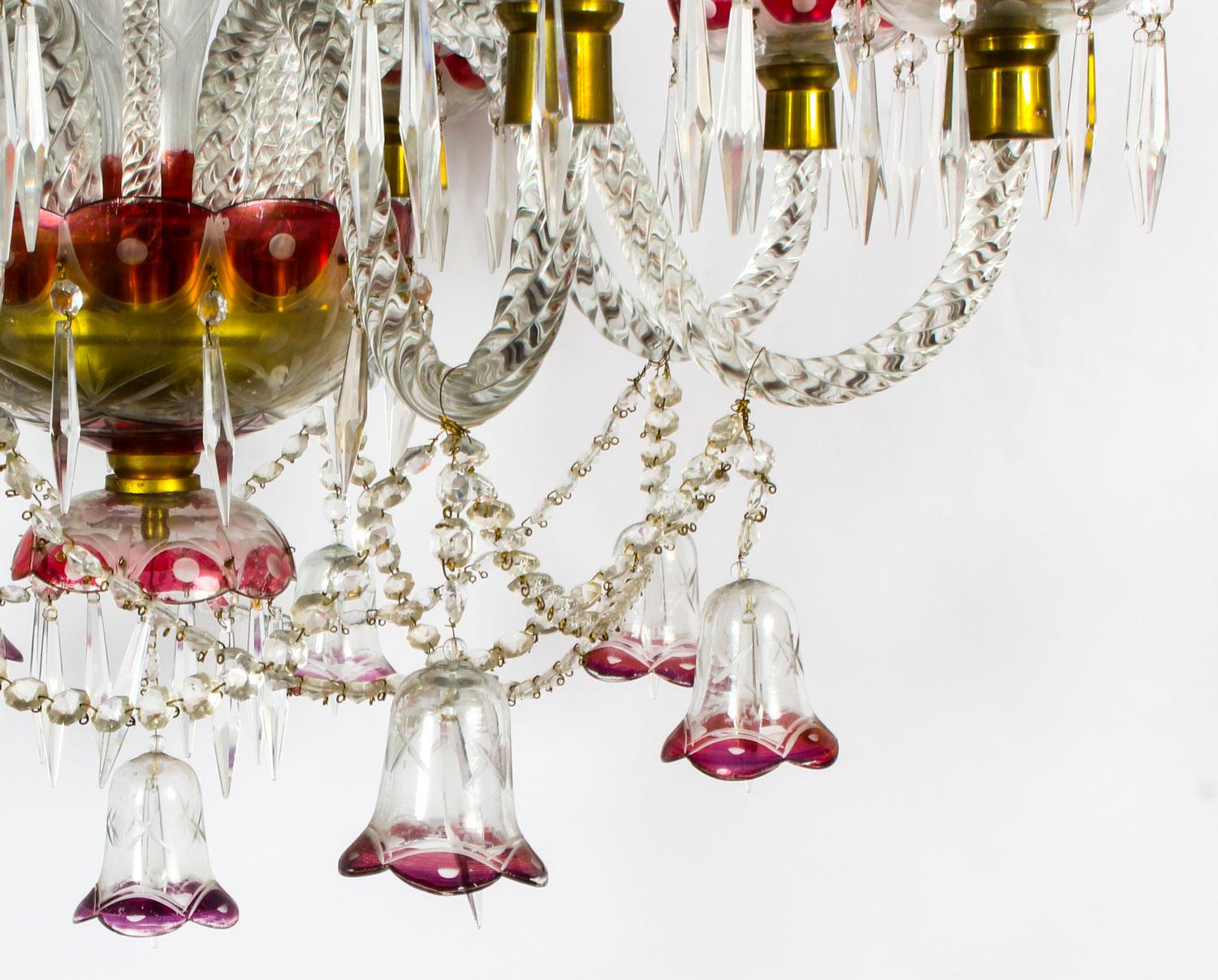 Antique Venetian Eight Light Cranberry Crystal Chandelier, Early 20th Century In Good Condition In London, GB