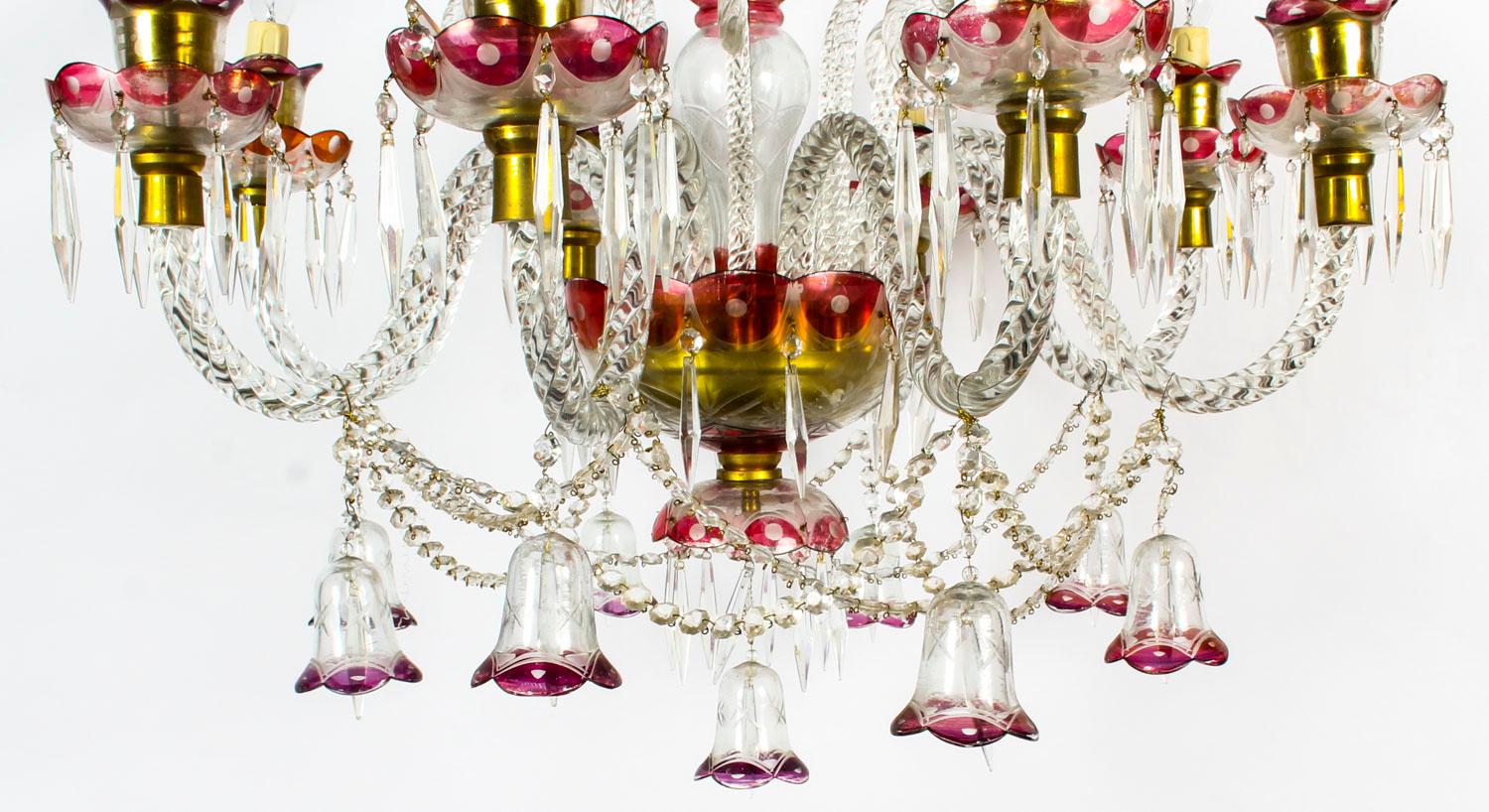 Antique Venetian Eight Light Cranberry Crystal Chandelier, Early 20th Century 1