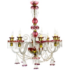 Antique Venetian Eight Light Cranberry Crystal Chandelier, Early 20th Century