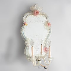 Antique Venetian Engraved Glass Mirrored Candle Wall Sconce, c1920