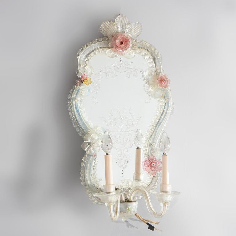 Antique Engraved Glass Mirrored Candle Wall Sconce, c1920 For