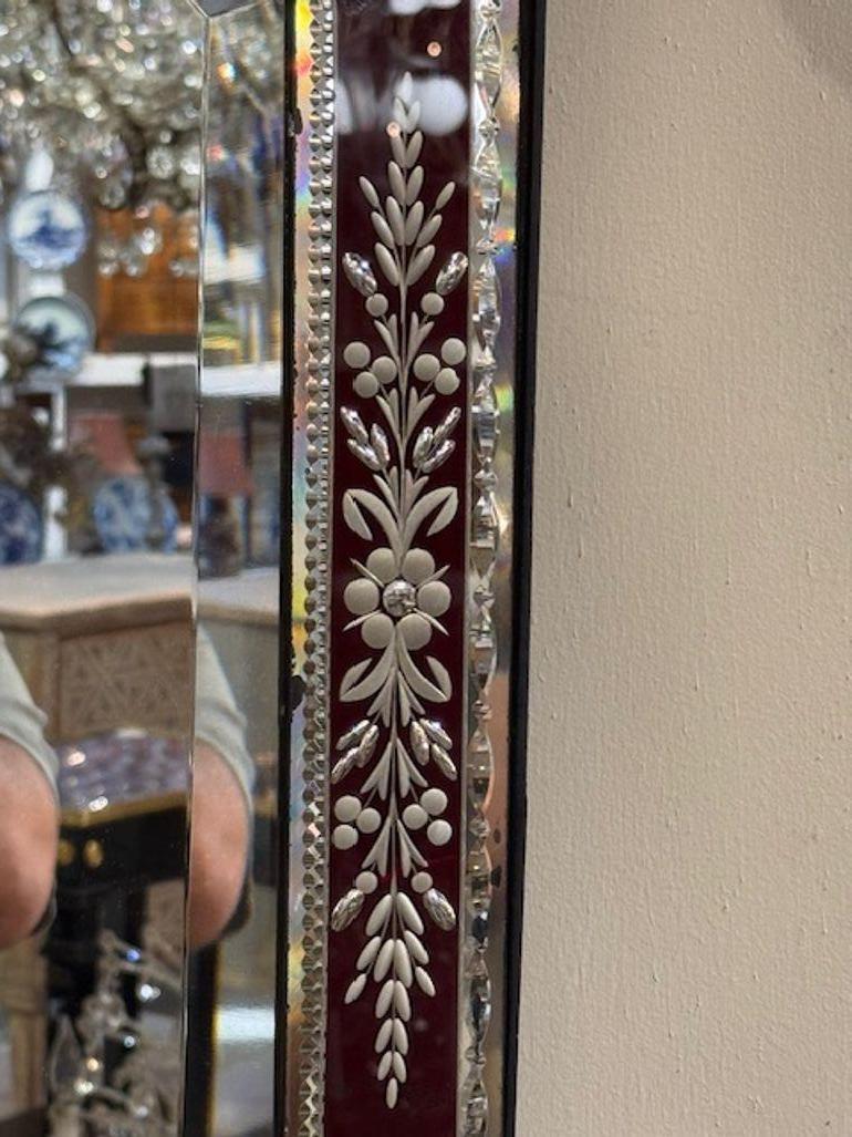 Italian Antique Venetian Etched and Red Glass Mirror For Sale