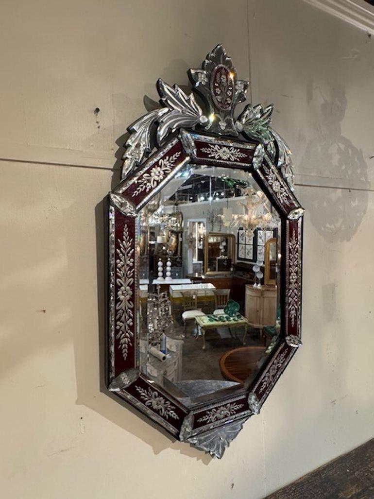 Antique Venetian Etched and Red Glass Mirror In Good Condition For Sale In Dallas, TX
